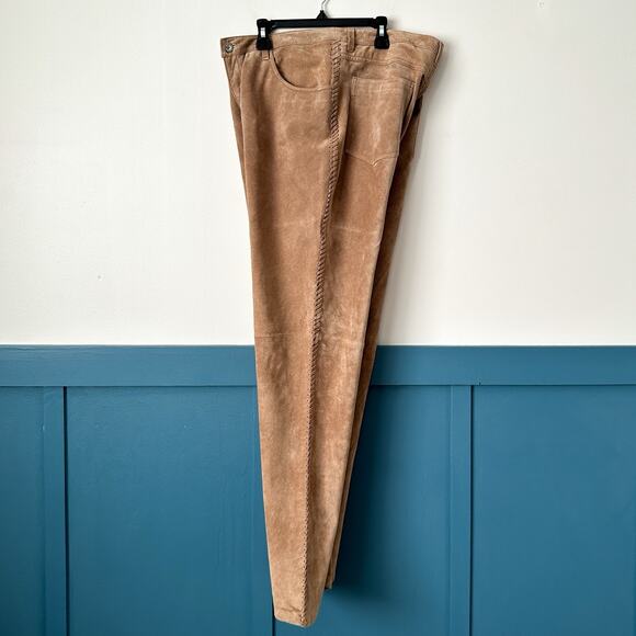 Vintage Chicos 2 Suede Leather Pants Whipstitch Lace-Up Vtg 90s Tan Brown - Picture 2 of 6